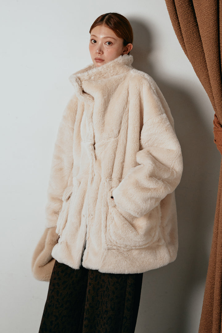 [SET]スタンドネックファーコート+レオパードジャガードニットパンツ(2set)