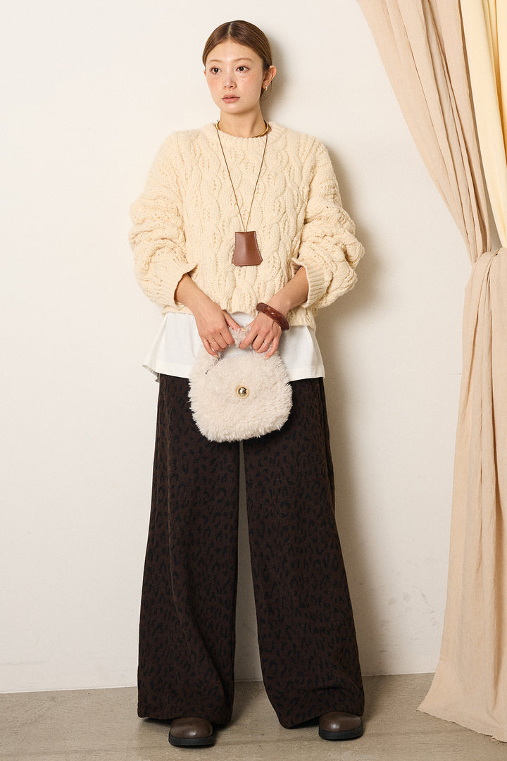 [SET]ケーブルリラックスショートニット+箔プリントBIGシルエットロングスリーブTシャツ+レオパードジャガードニットパンツ(3set)