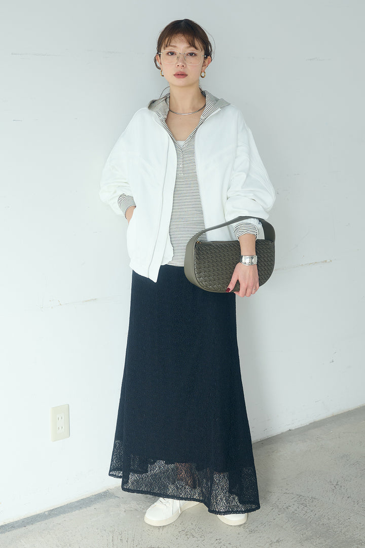 [SET]マルチ切り替えドルマンブルゾン+メッシュ刺繍ロングスカート+ボーダーフーディーロンT(3set)