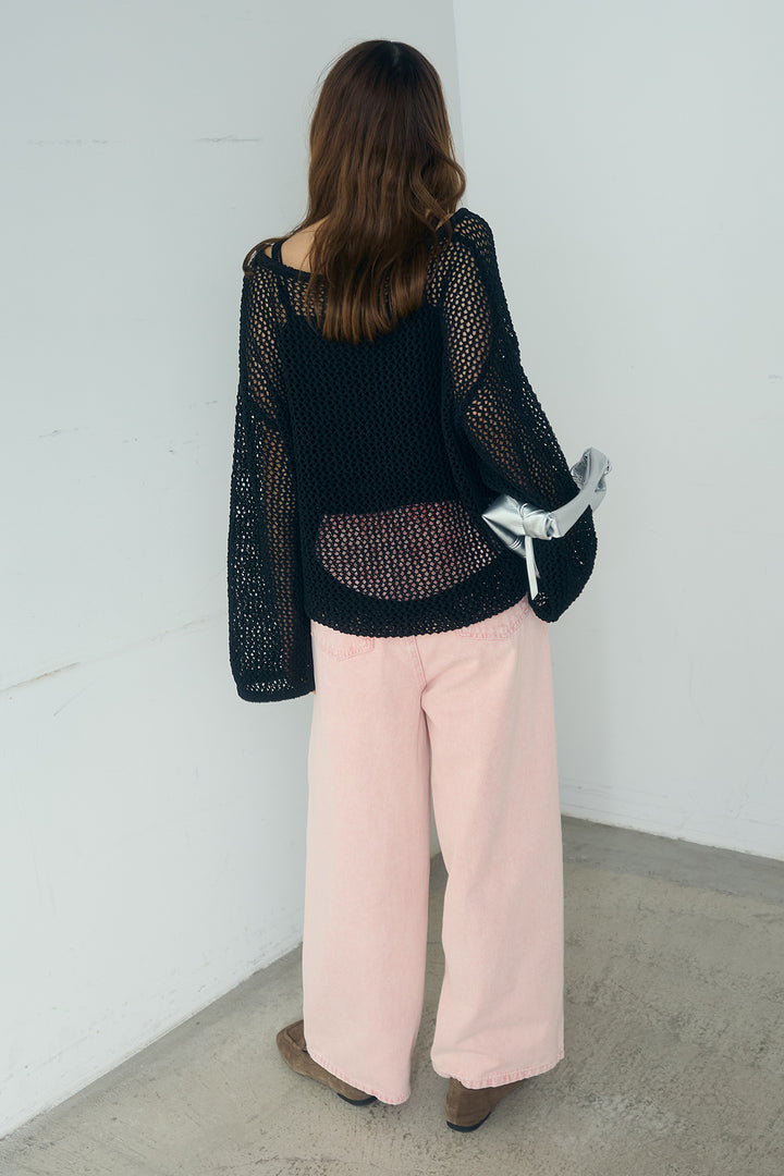 [SET]メッシュ編みビスチェセットVネックプルオーバー+カラーデニムタックカーブパンツ(2set)