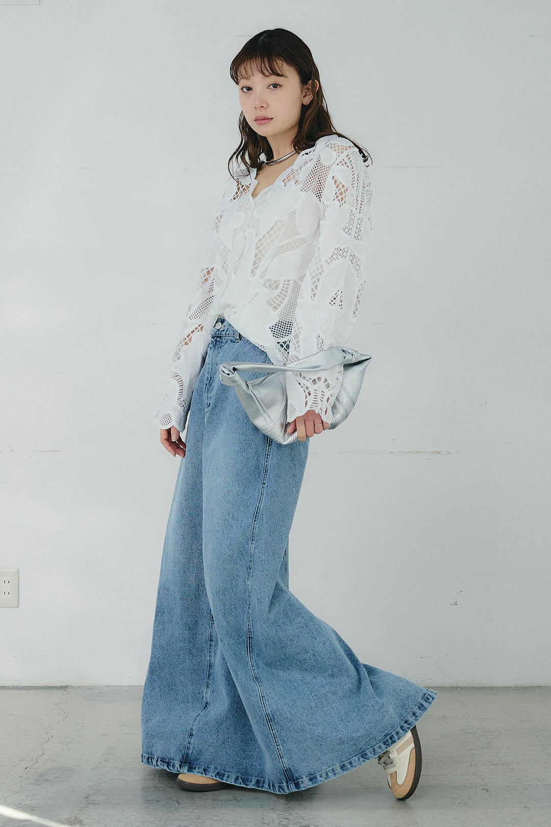 [SET]フラワー刺繍レースブラウス+デニムロングフレアスカート(2set)
