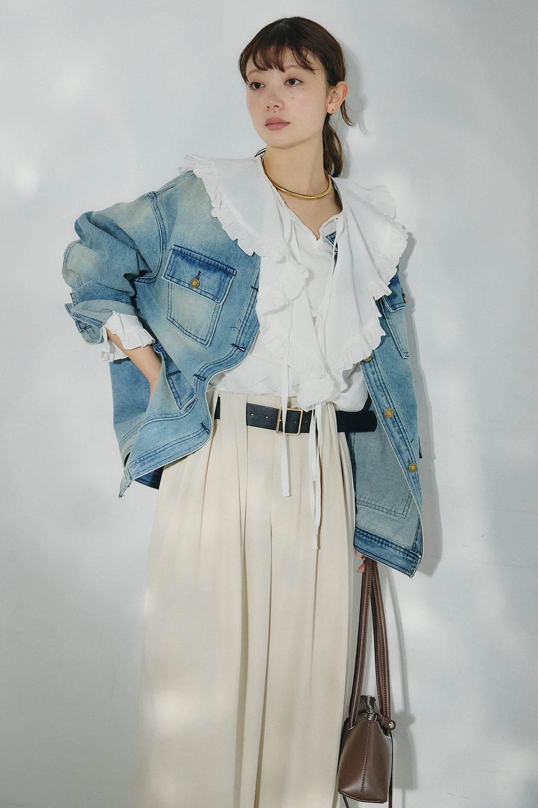 [SET]ノーカラーデニムポケットジャケット+コットンフリルブラウス+ベルト付きタックデザインハイウエストロングパンツ(3set)