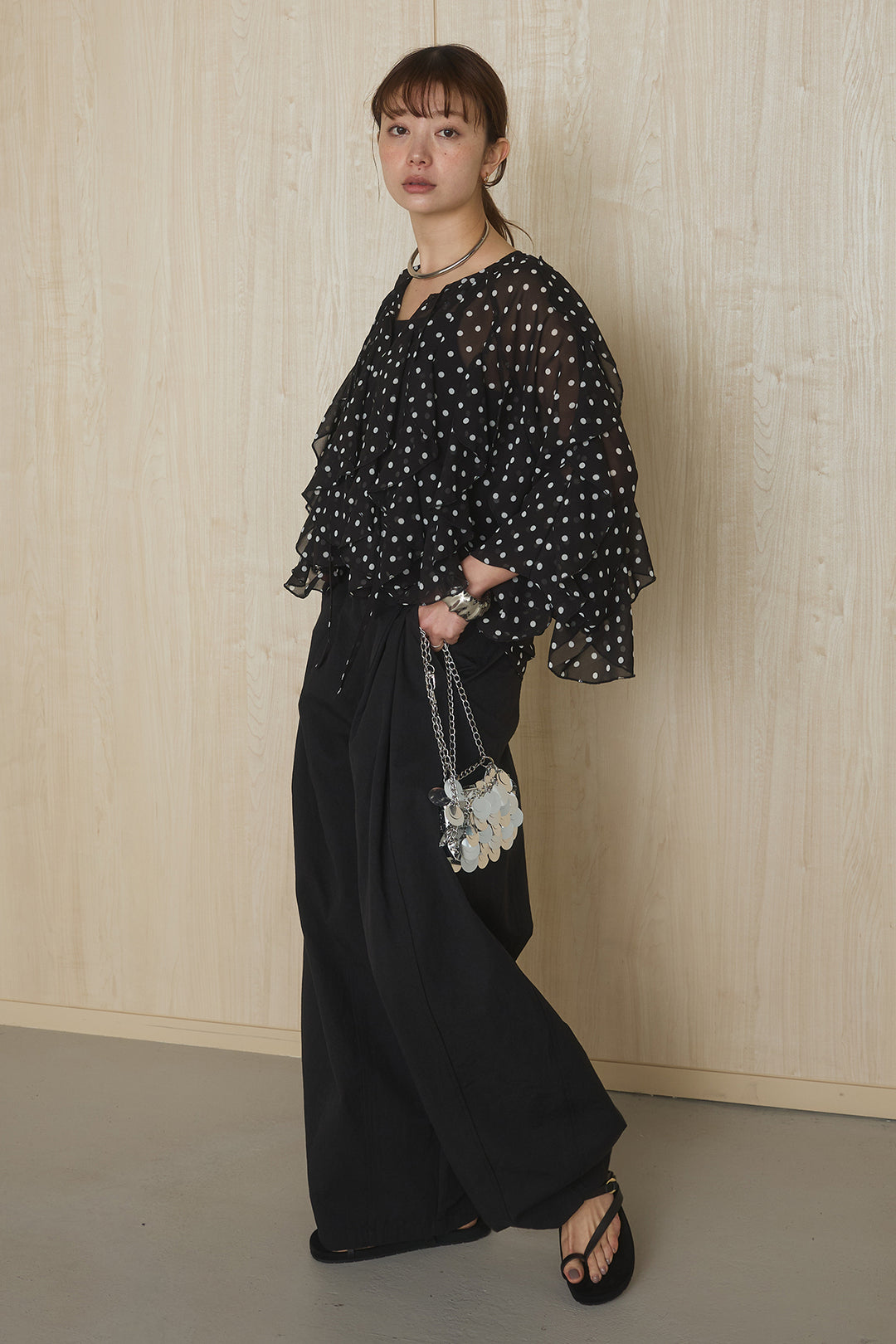 [SET]ドットフリル長袖ブラウス+コットンポリツータックセンターシームカーブパンツ(2set)