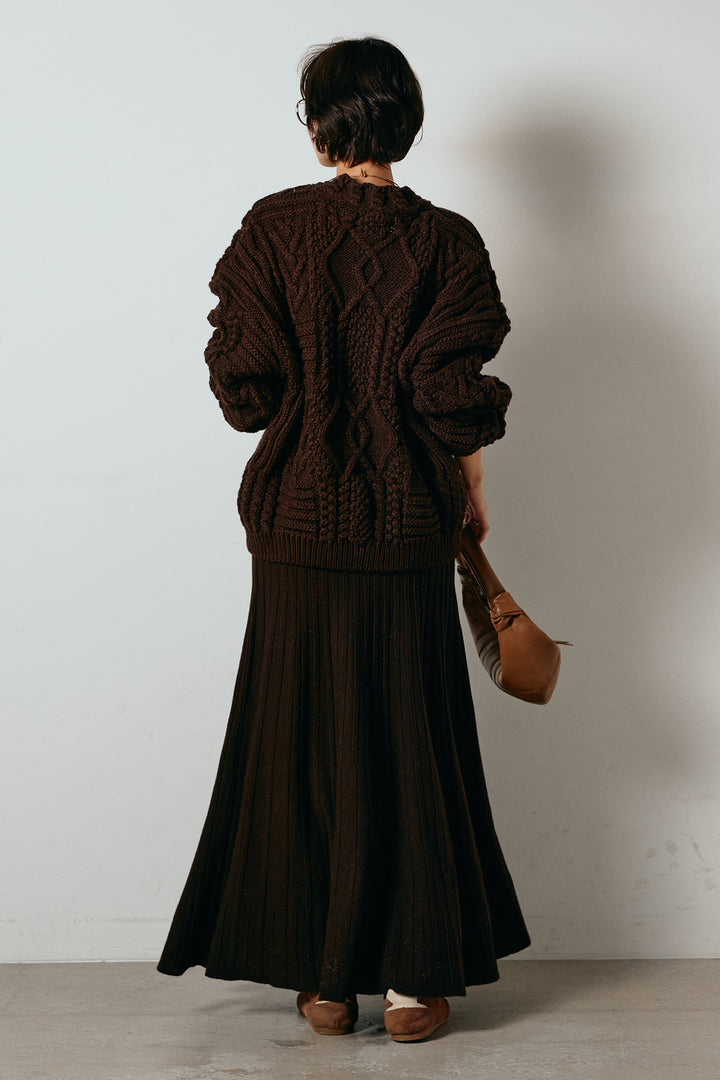 [SET]アラン柄ミックスケーブルニット+編み地切り替えフレアニットスカート(2set)