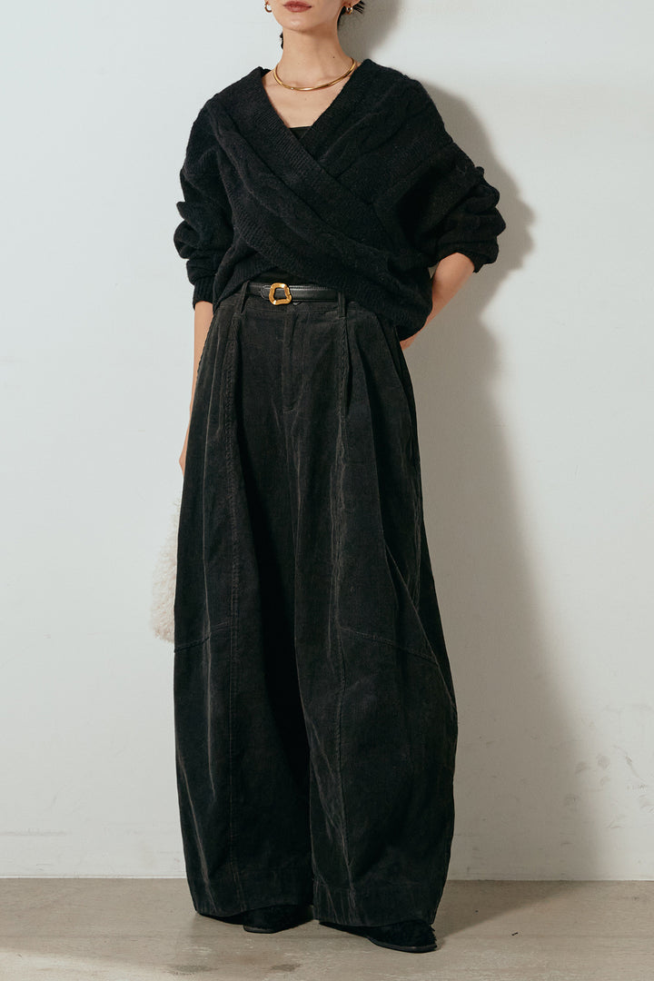 [SET]ケーブルカシュクールニットトップス+タック入りコーデュロイワイドパンツ(2set)