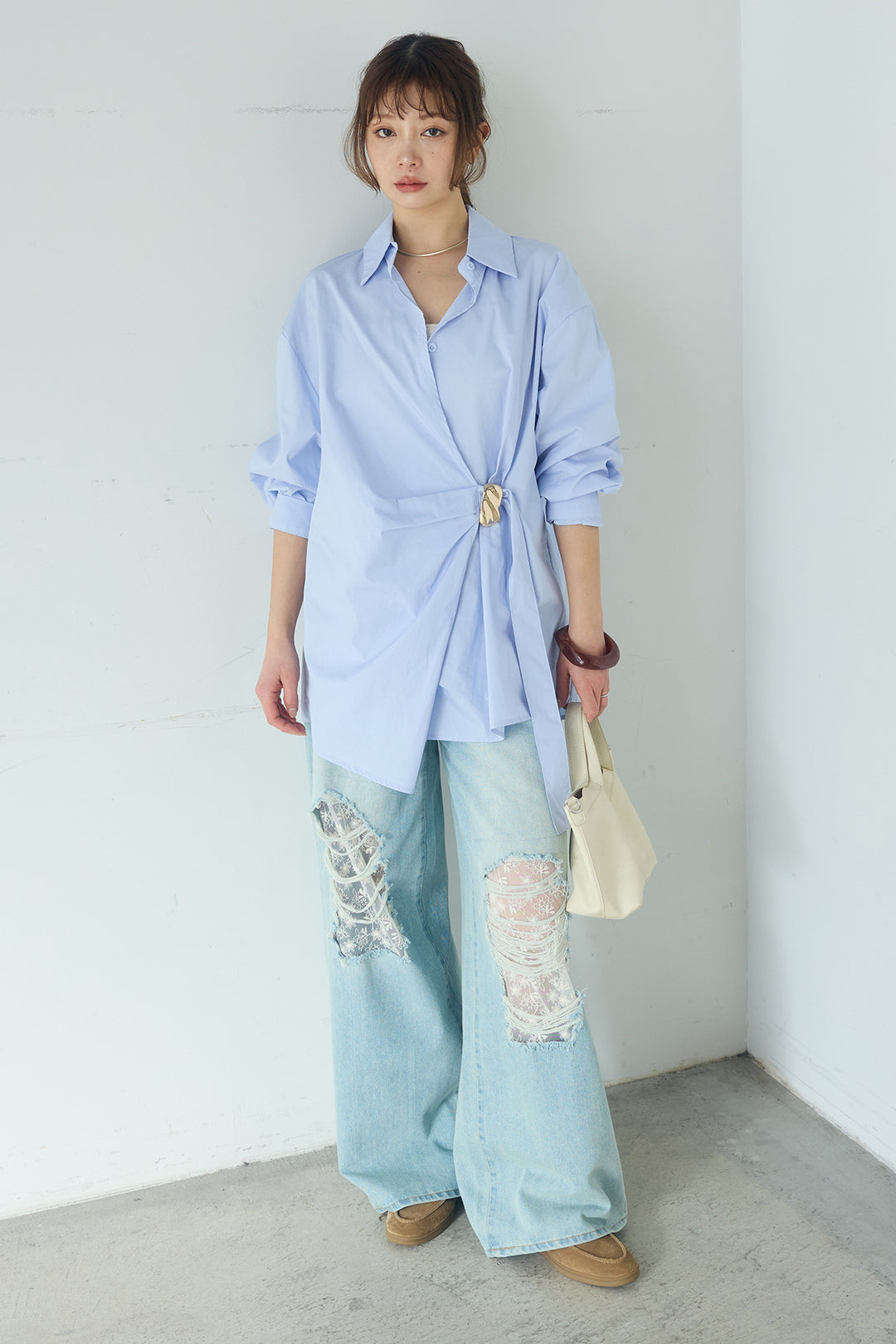 [SET]サイド留め具デザインシャツ+デニムレース付きワイドパンツ(2set)