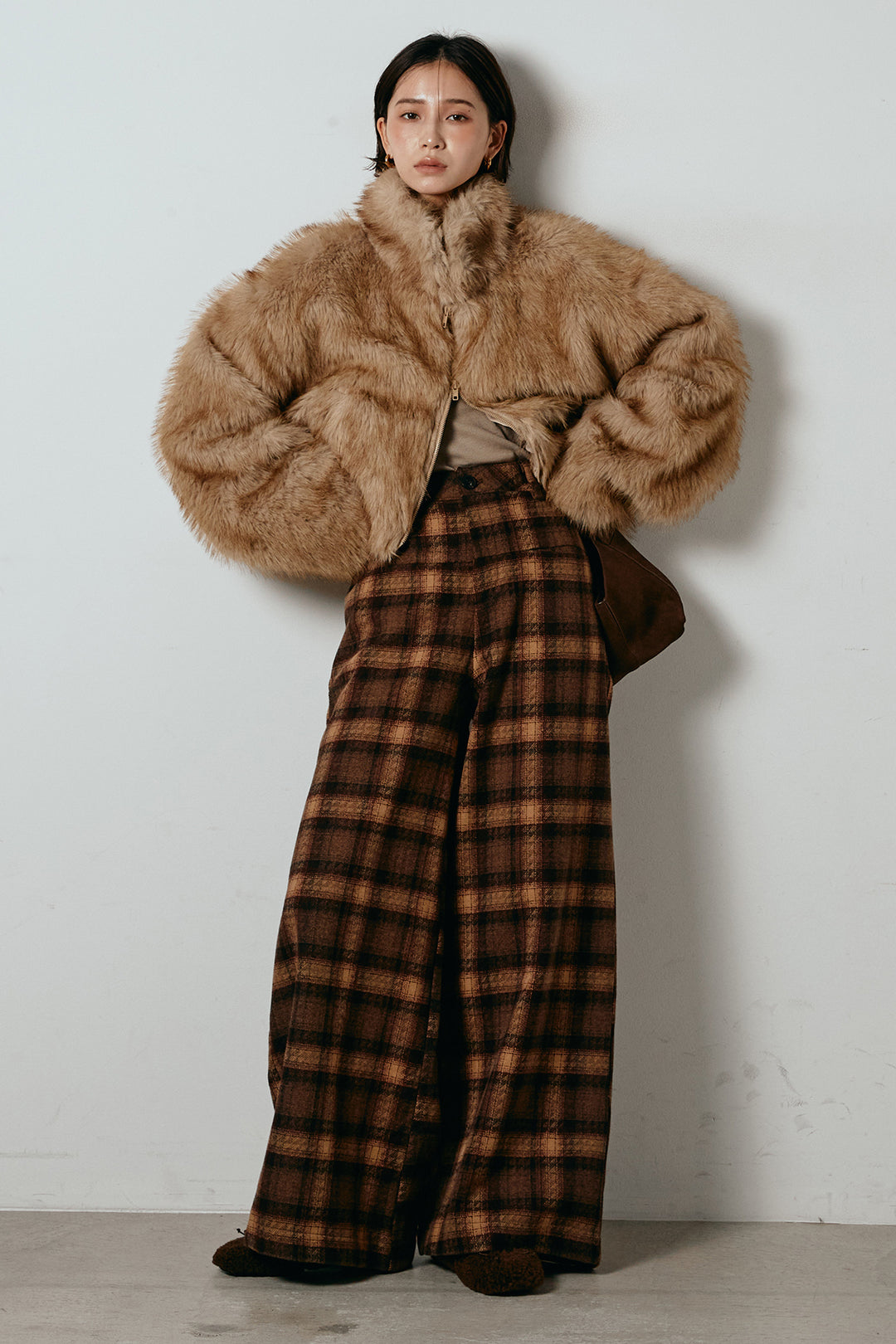 [SET]エコファーショート丈ブルゾン+ルーズタータンチェックワイドパンツ(2set)