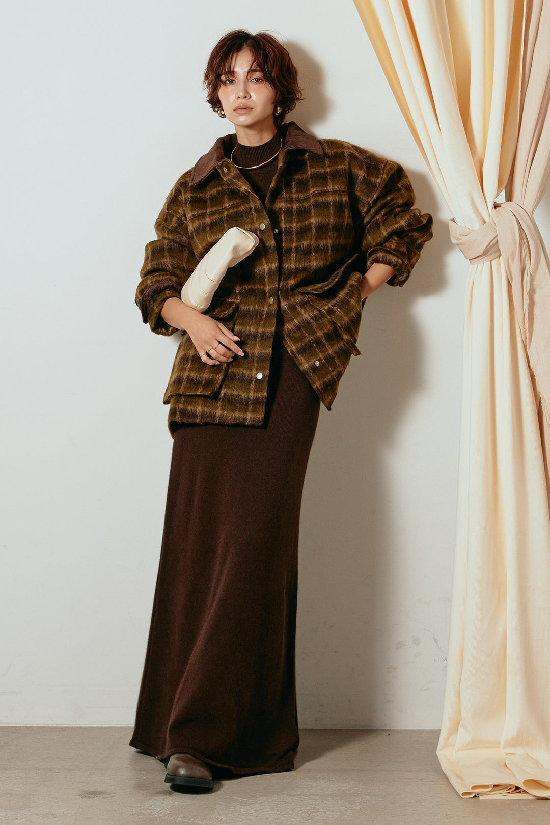 [SET]チェックシャギーミドルカバーオール+ノースリーブニットロングワンピース(2set)