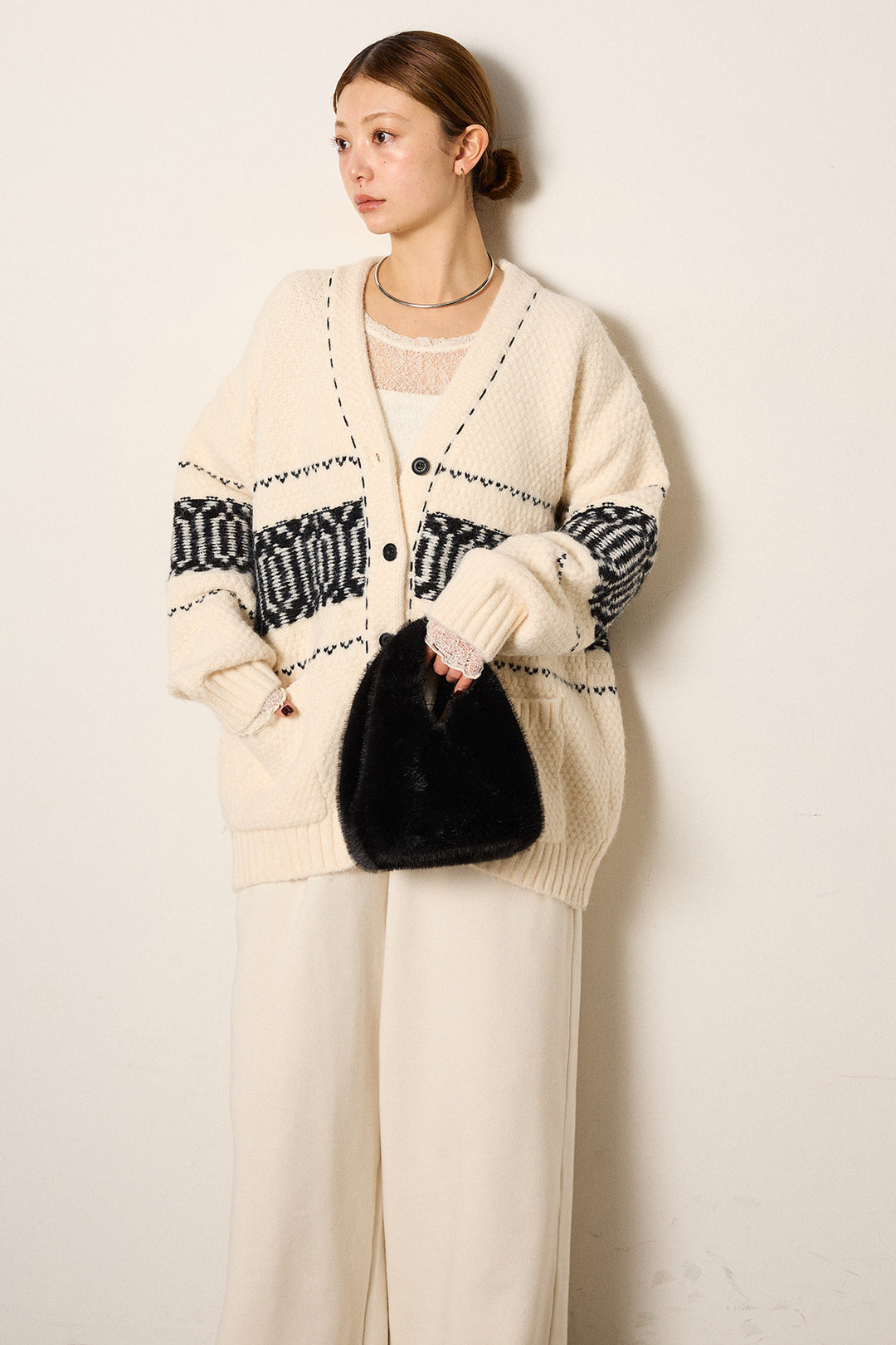 [SET]ライン柄ステッチニットカーディガン+2WAY袖コード刺繍クルーネックプルオーバー(2set)