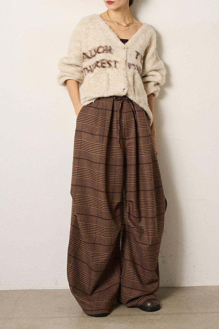 [SET]ウール混透かしロゴニットカーディガン+グレンチェックルーズタックパンツ(2set)