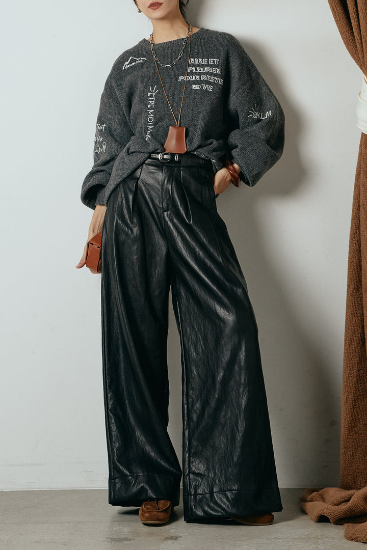 [SET]刺繍ロゴランダムデザインニットトップス+ベルト付きレザーライクタックパンツ(2set)