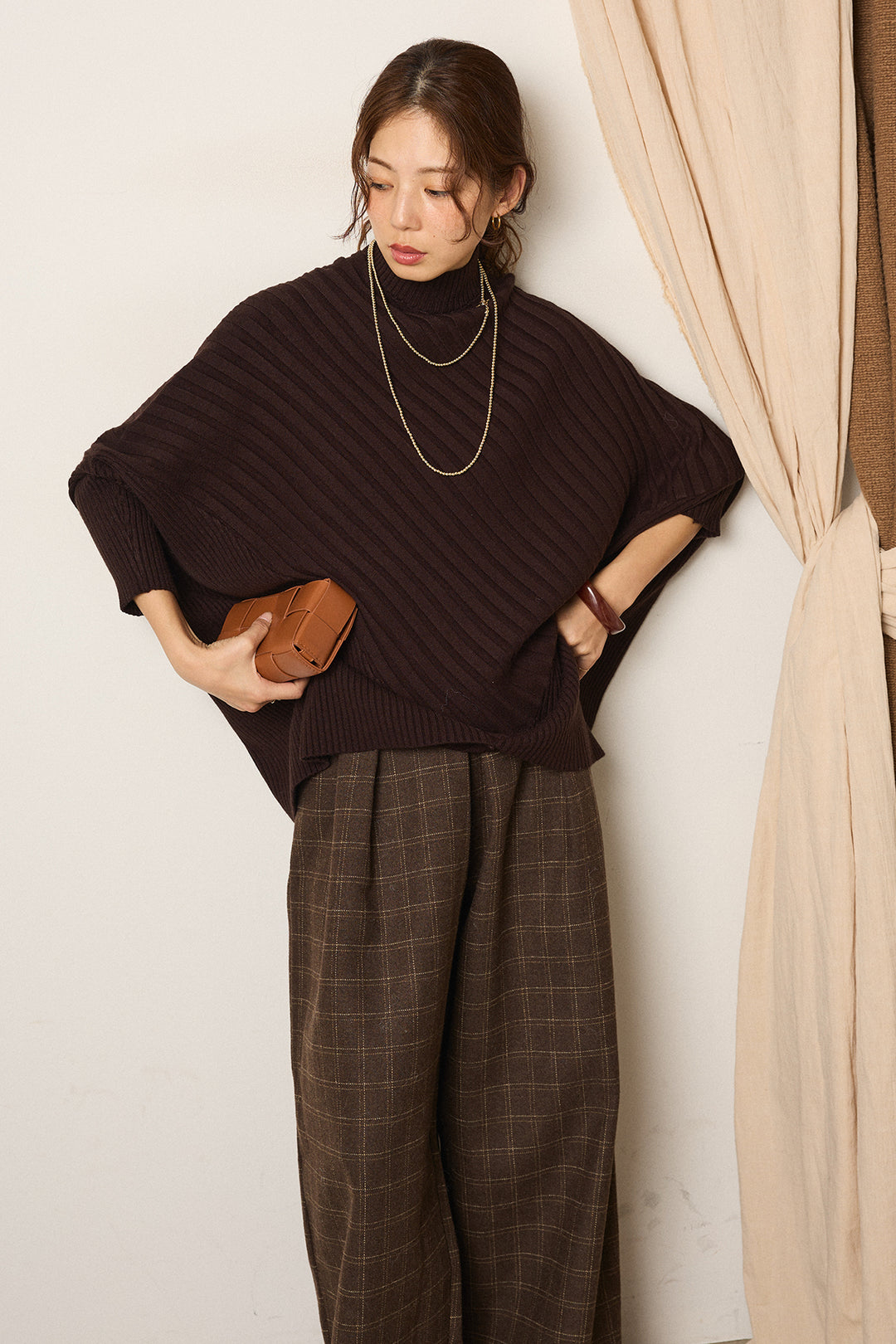 [SET]アシメデザインリブポンチョニットトップス+ウールライクチェックタックパンツ(2set)
