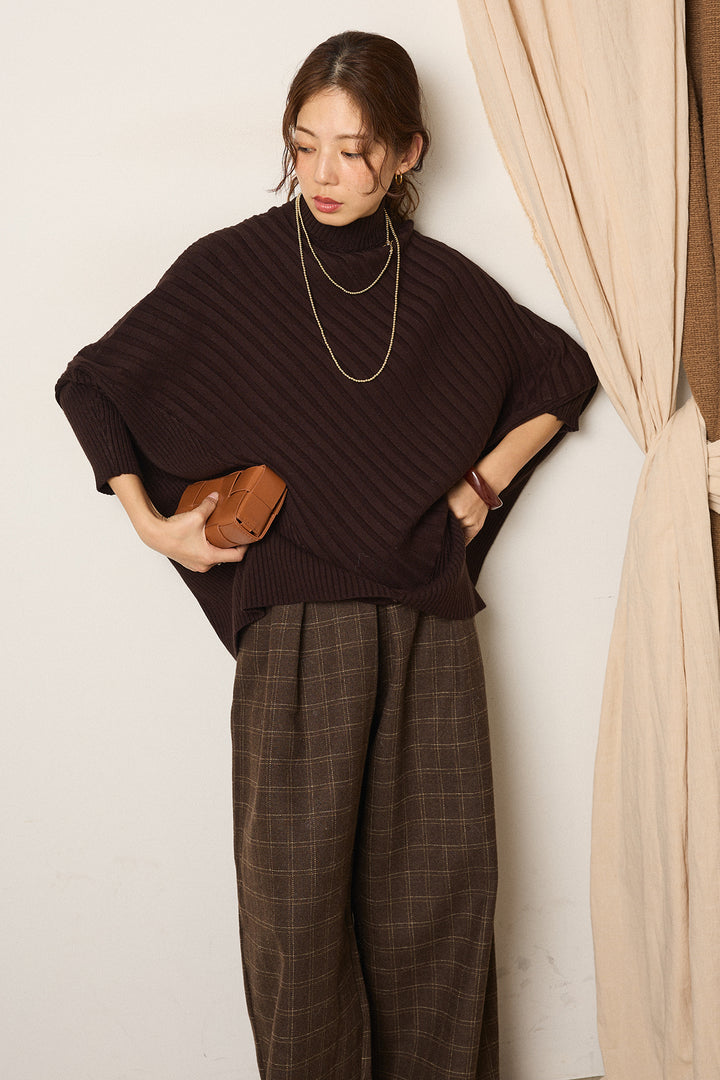 [SET]アシメデザインリブポンチョニットトップス+ウールライクチェックタックパンツ(2set)