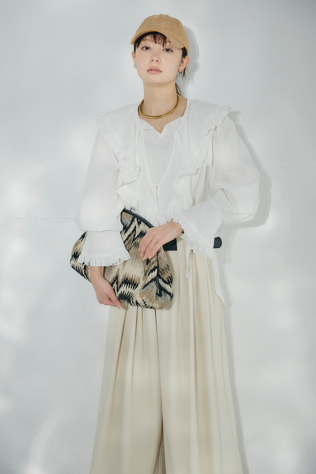 [SET]コットンフリルブラウス+ベルト付きタックデザインハイウエストロングパンツ(2set)