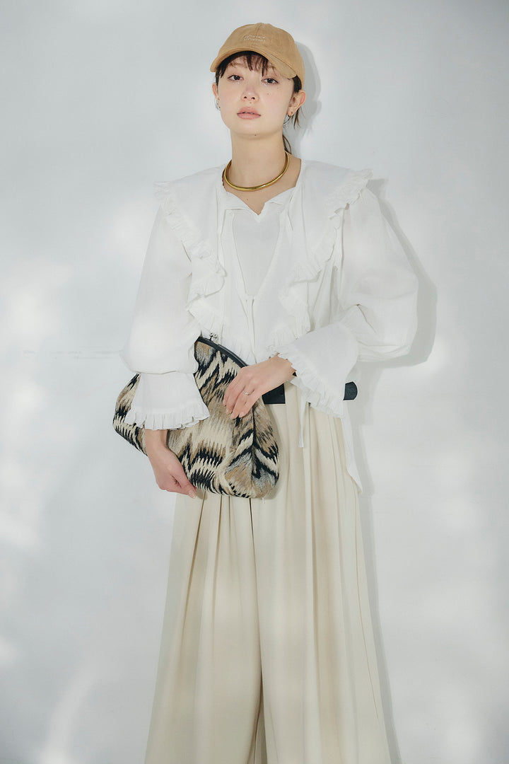 [SET]コットンフリルブラウス+ベルト付きタックデザインハイウエストロングパンツ(2set)