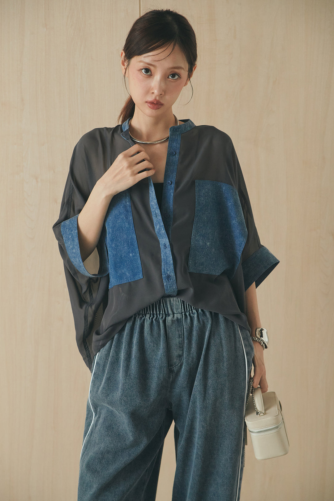 [SET]デニムライクビッグツーポケシアーシャツ+ドロストサイドラインデニムパンツ(2set)