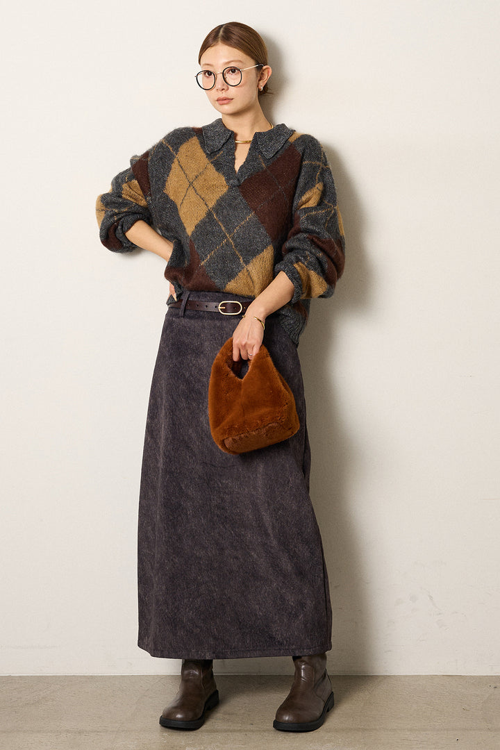 [SET]アクリルモヘアアーガイルキーネックプルオーバー+ロープベルト付きスウェード調スカート(2set)