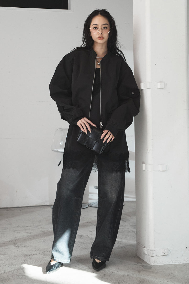 [SET]袖ギャザーデザインブルゾン+デニムアシメカーブパンツ(2set)