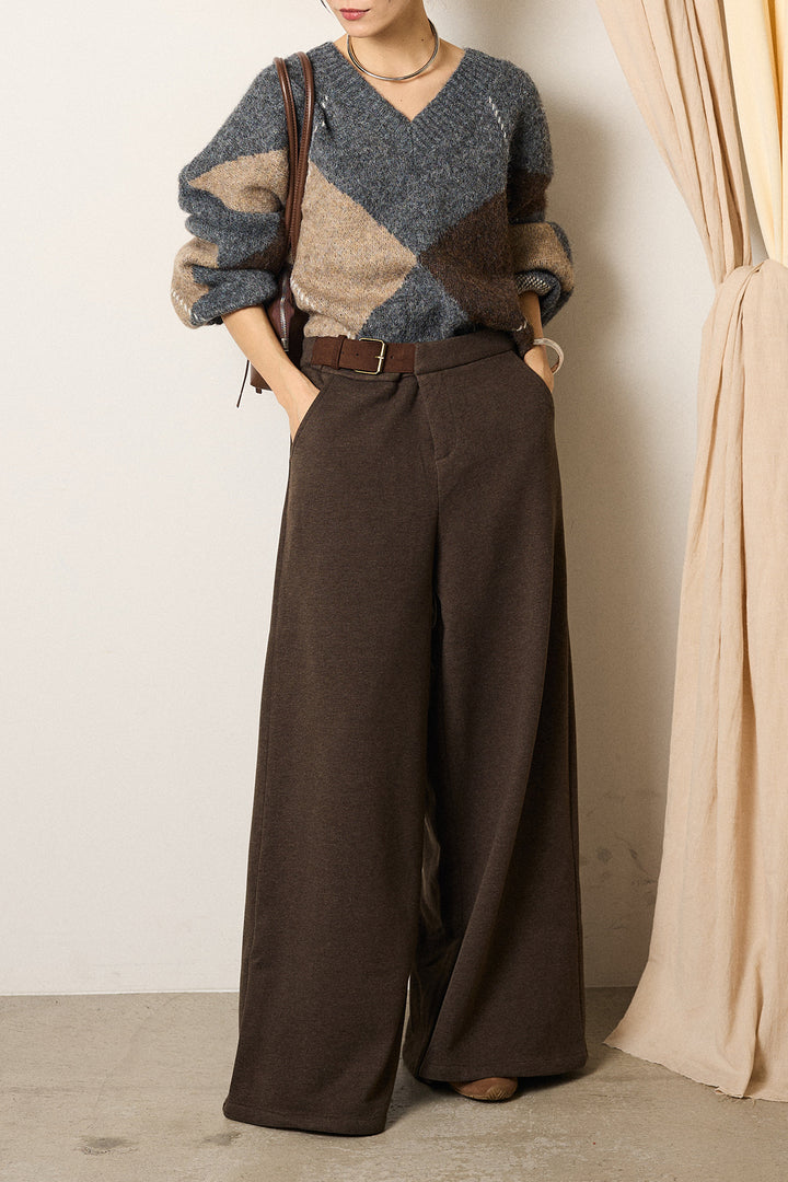 [SET]ルーズアーガイルVネックニット+サイドベルトパンツ(2set)