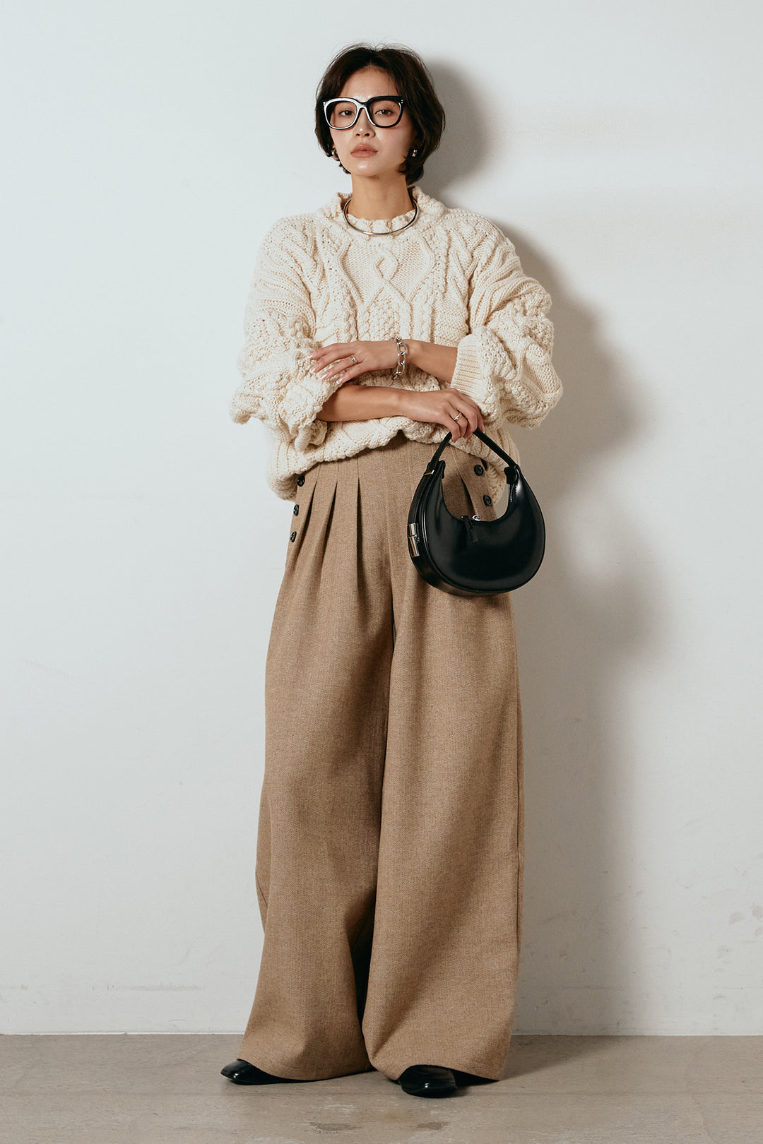 [SET]アラン柄ミックスケーブルニット+サイドボタンツイードタックパンツ(2set)