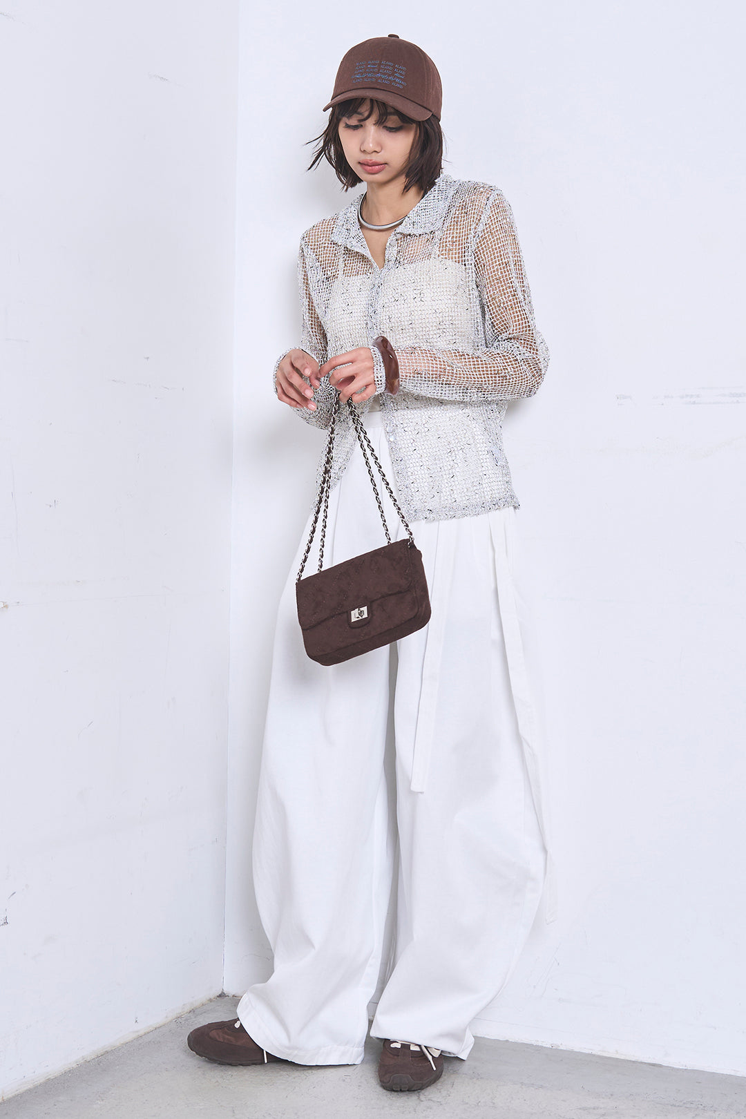 [SET]ネップメッシュポロ襟カーディガン+紐ベルト付きカーブワイドパンツ(2set)