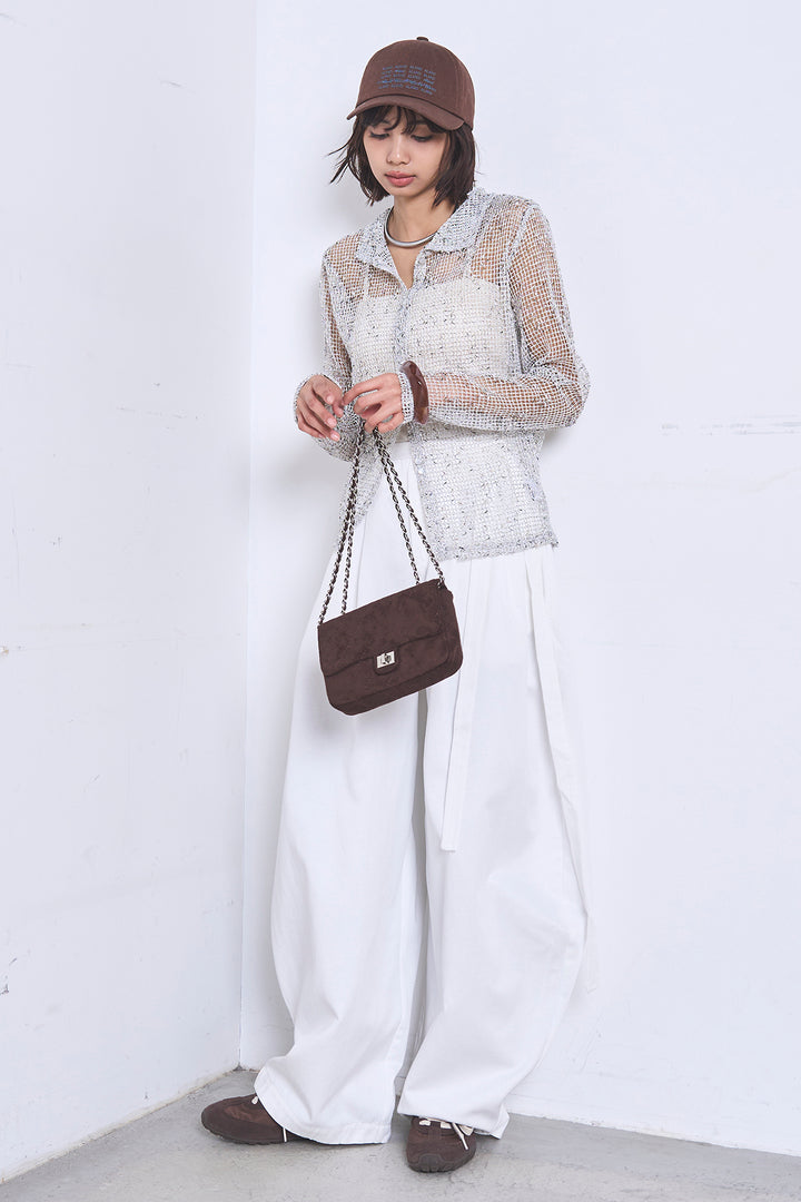 [SET]ネップメッシュポロ襟カーディガン+紐ベルト付きカーブワイドパンツ(2set)