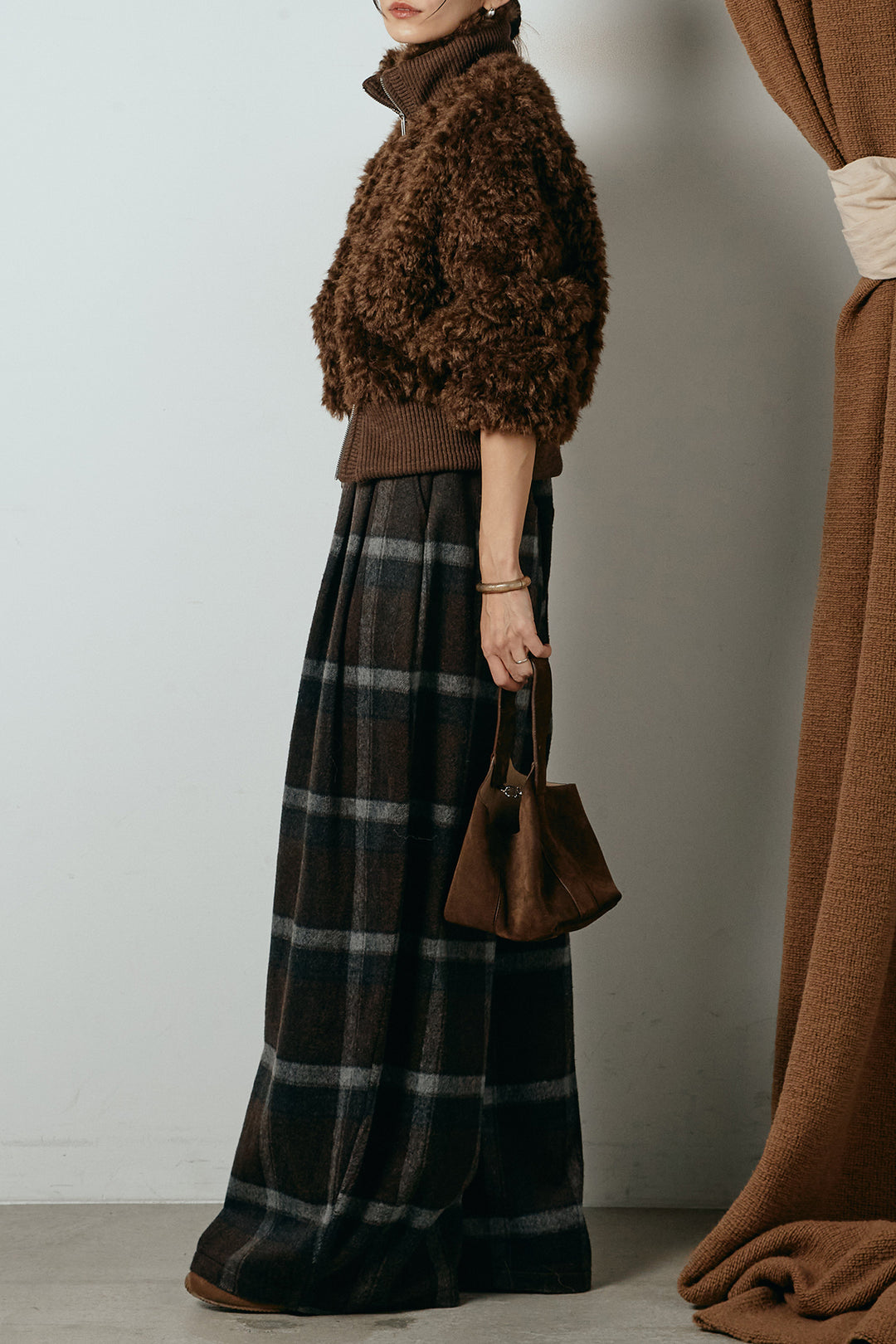 [SET]ハイネックショート丈ボアジップブルゾン+起毛タータンチェック柄ワイドパンツ(2set)