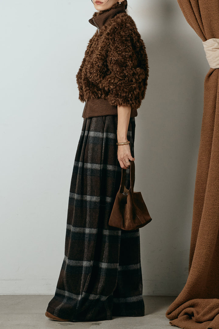 [SET]ハイネックショート丈ボアジップブルゾン+起毛タータンチェック柄ワイドパンツ(2set)