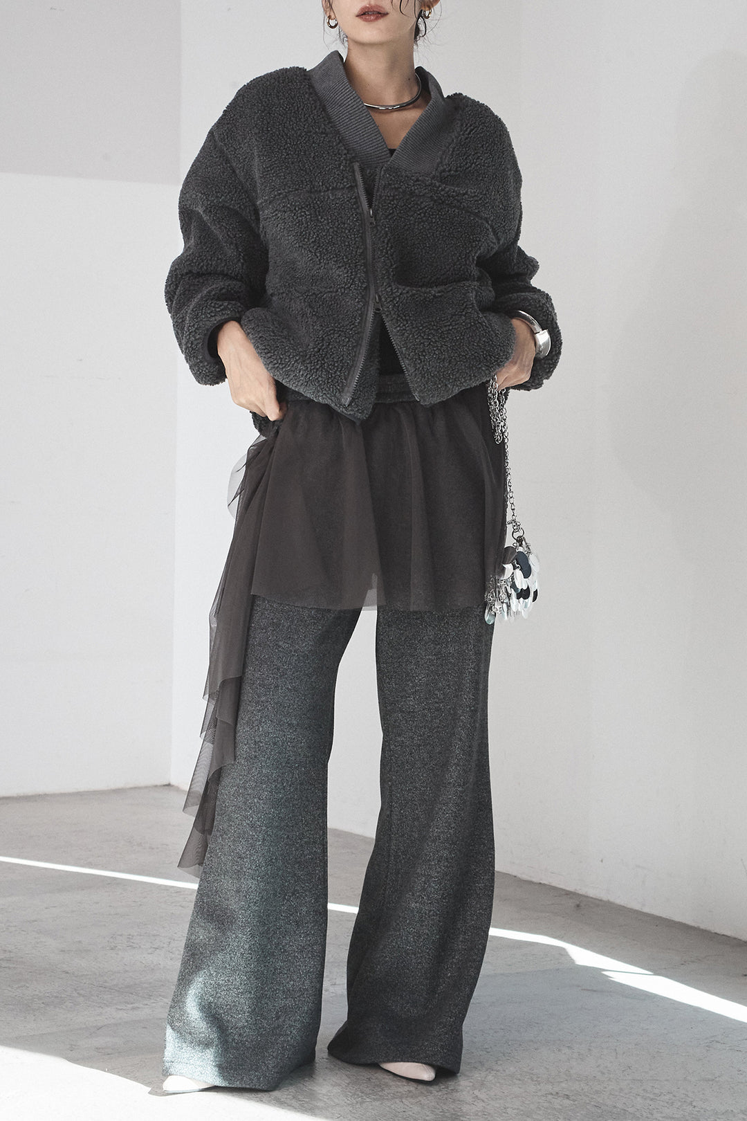 [SET]ノーカラーリブボアアウター+チュールレイヤードニットパンツ(2set)