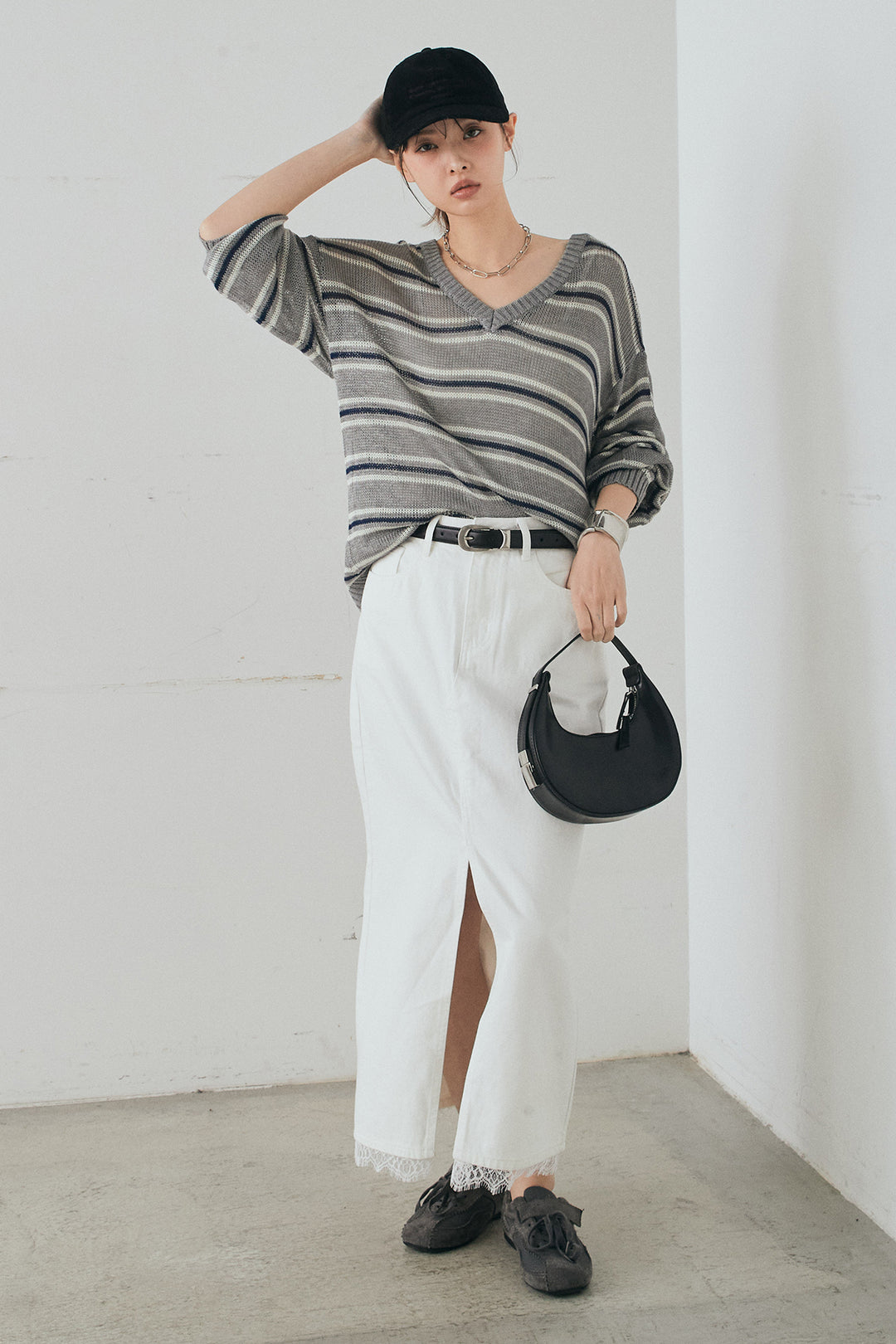 [SET]綿タッチVネックボーダートップス+裾レースデザインデニムスカート(2set)