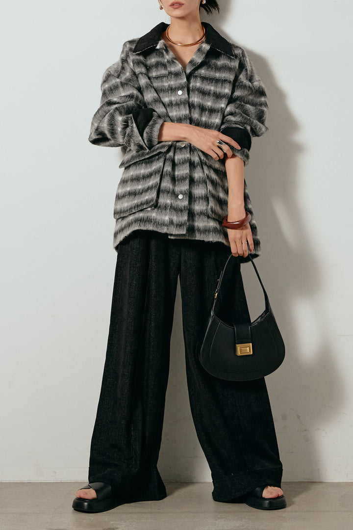 [SET]チェックシャギーミドルカバーオール+フェイクレザーベルト付きスウェードライクワイドパンツ(2set)