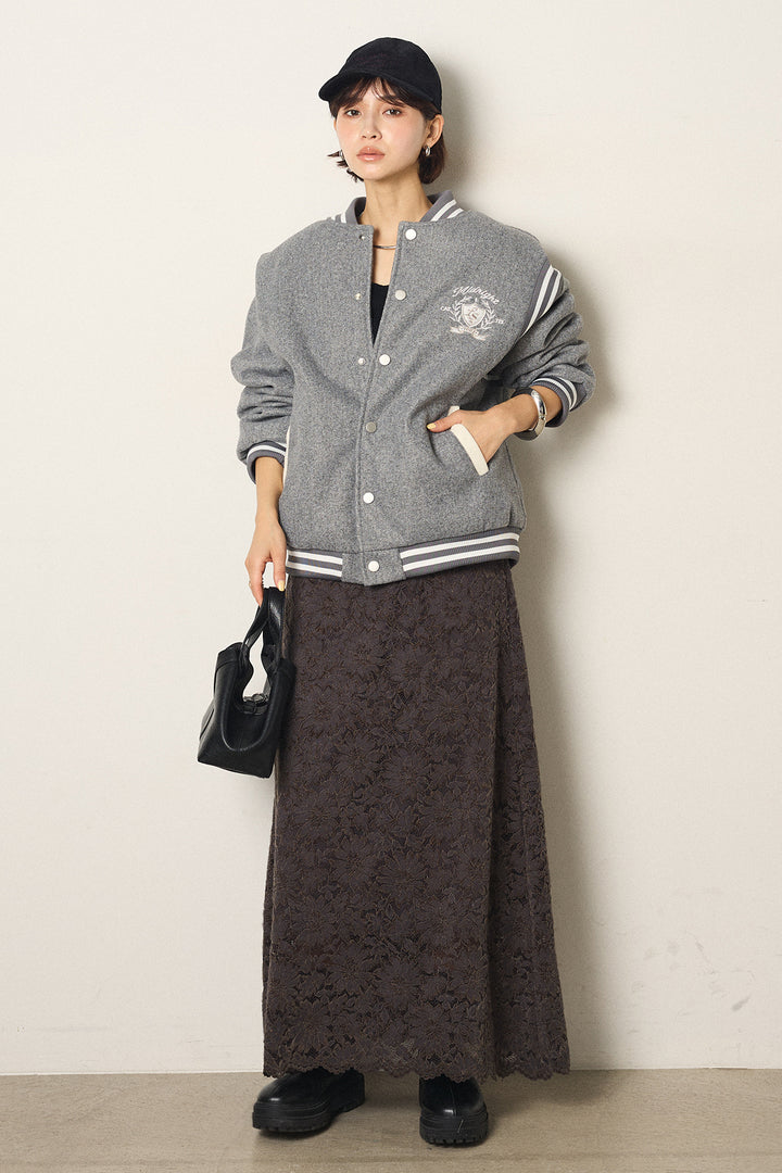 [SET]ワンポイントデザインブルゾン+花柄刺繍ベロアフレアスカート(2set)