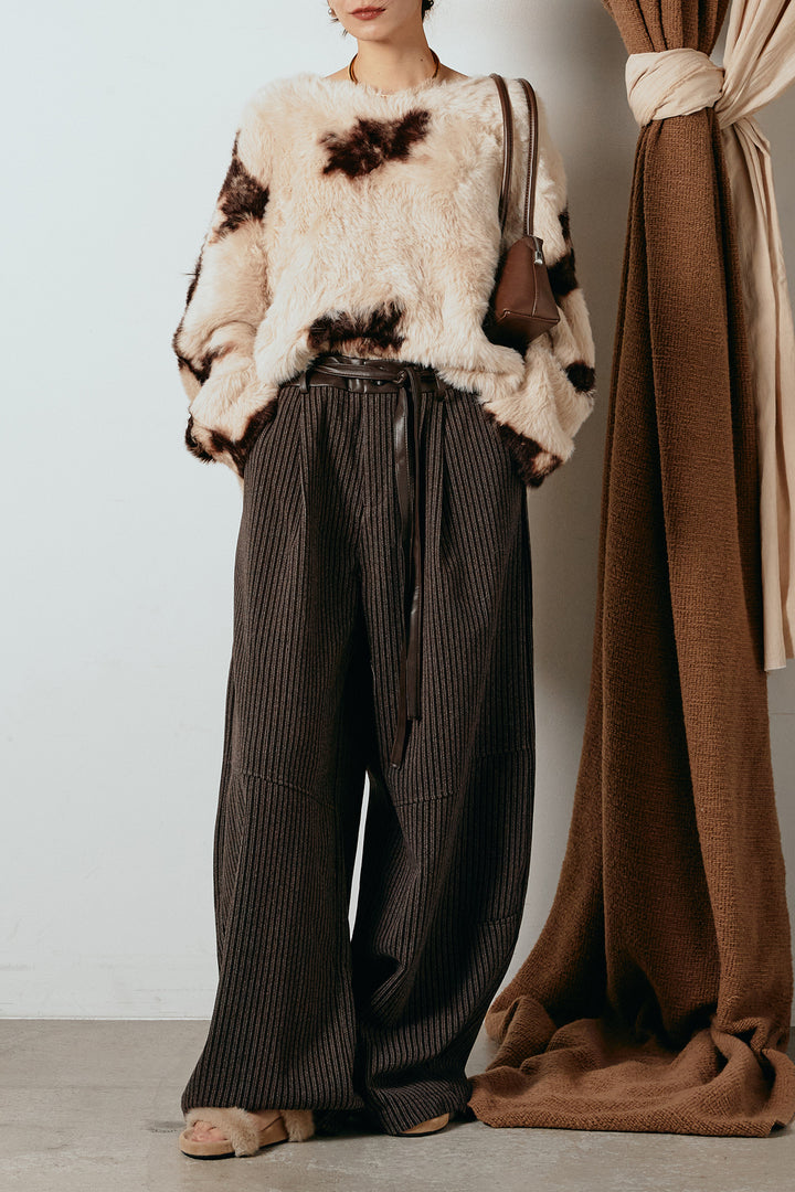 [SET]タイダイ柄シャギーニットトップス+レザーライク配色ストライプパンツ(2set)