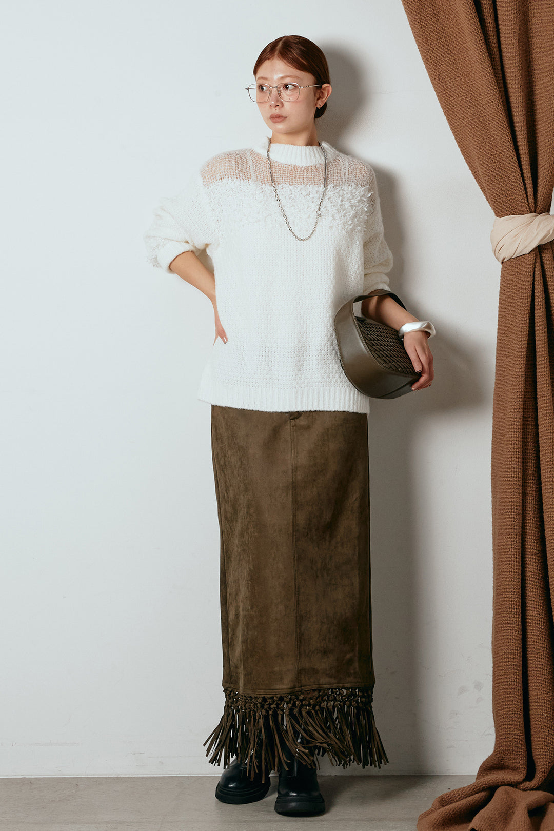 [SET]パターンランダム編みニットトップス+スウェードライク裾フリンジスカート(2set)
