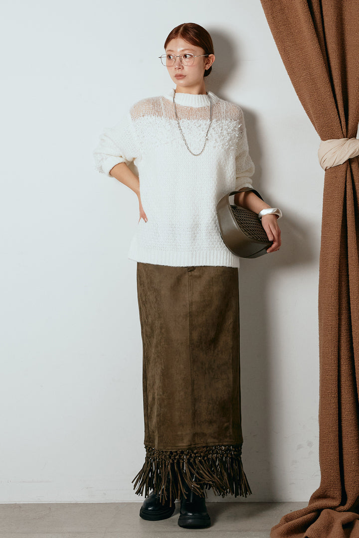 [SET]パターンランダム編みニットトップス+スウェードライク裾フリンジスカート(2set)