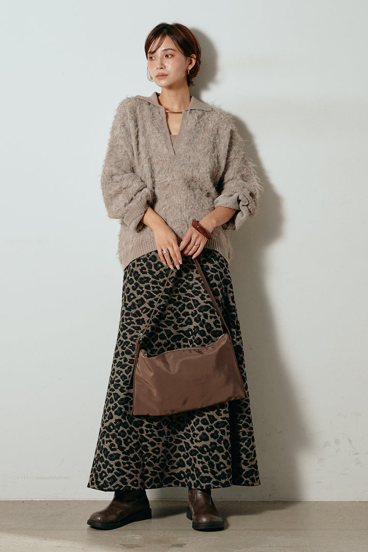 [SET]襟付きシャギーニットポロトップス+レオパードロングスカート(2set)