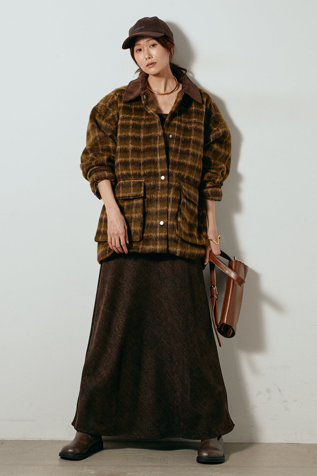 [SET]チェックシャギーミドルカバーオール+スウェードライクロングスカート(2set)