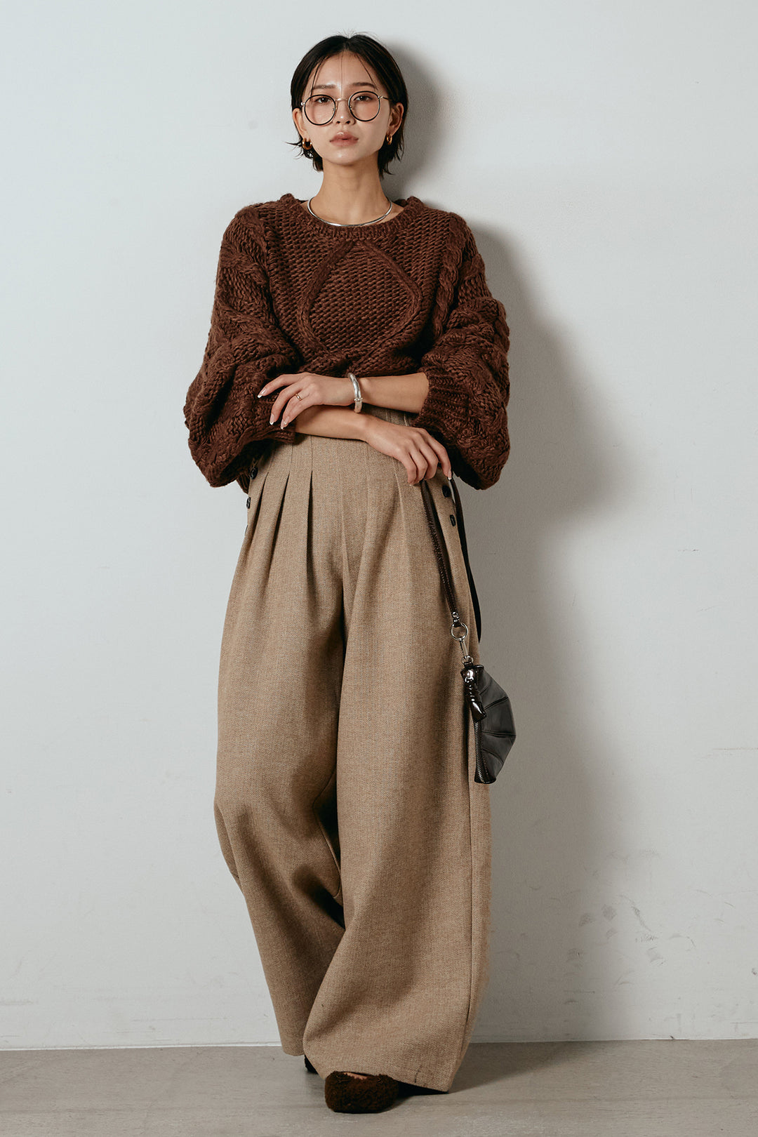 [SET]ロービングケーブルショート丈プルオーバー+サイドボタンツイードタックパンツ(2set)