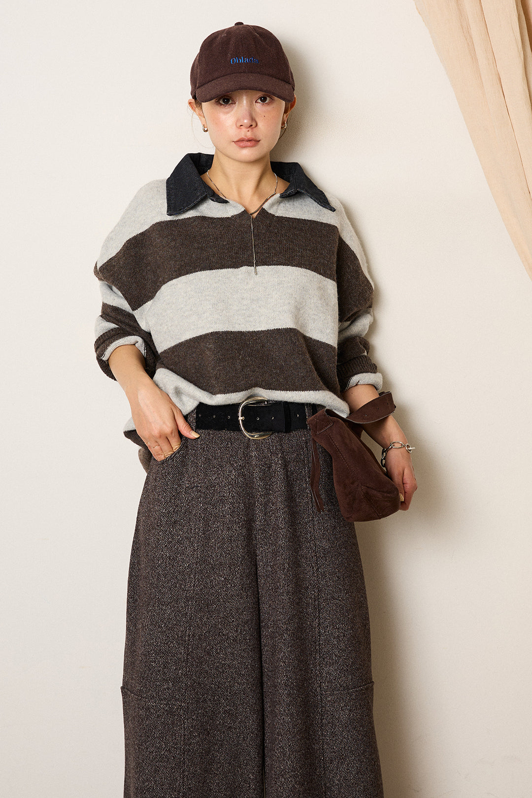 [SET]デニムカラーボーダールーズニット+太ベルト付きツイードワイドパンツ(2set)