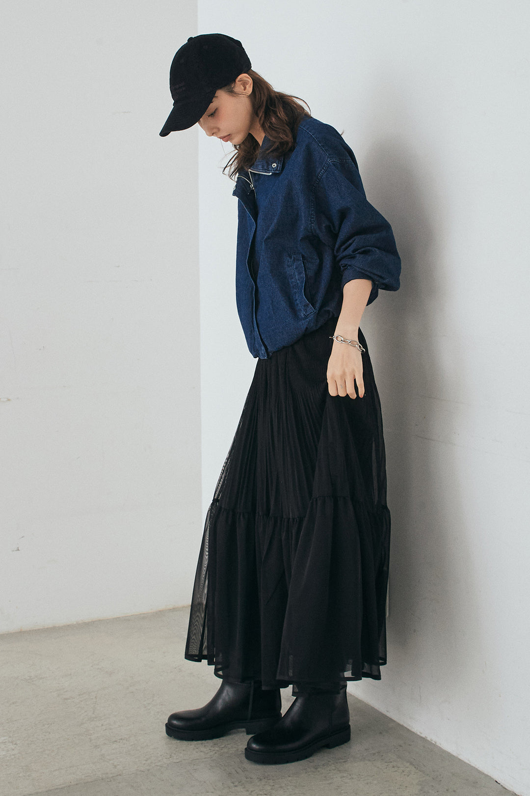 [SET]スタンドカラーデニムブルゾンジャケット+ボリュームシルエットチュールスカート(2set)