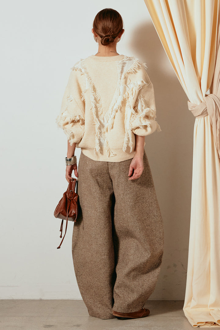 [SET]シャギージャガードニットトップス+ベルト付きネップツイードカーブパンツ(2set)