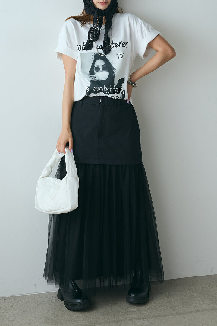 [SET]モノトーンフォトプリントTシャツ+切り替えデザインボリュームチュールスカート(2set)