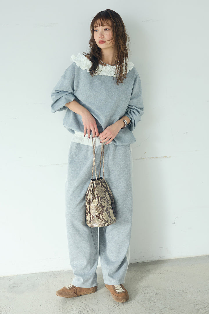 [SET]ネックギャザーフリルスウェット+異素材切り替えスウェットパンツ(2set)