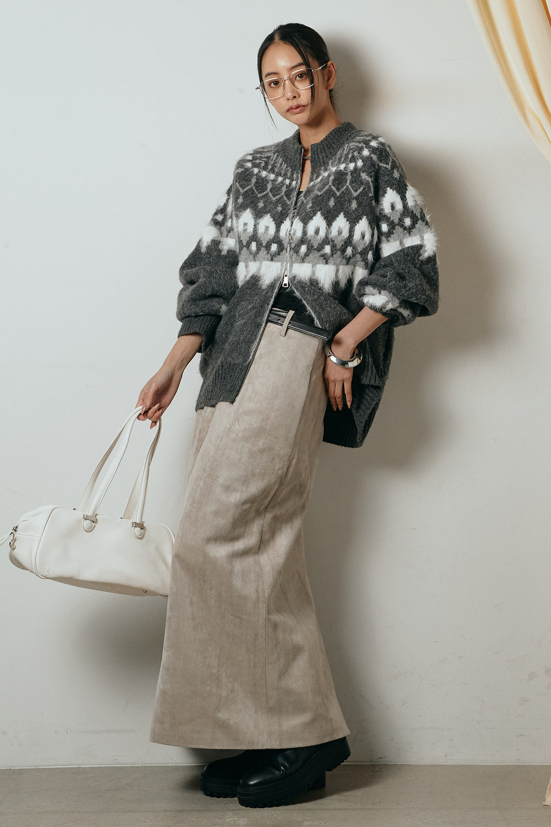 [SET]起毛ダブルジップパターンニットカーディガン+エコスウェードワイドスカート(2set)