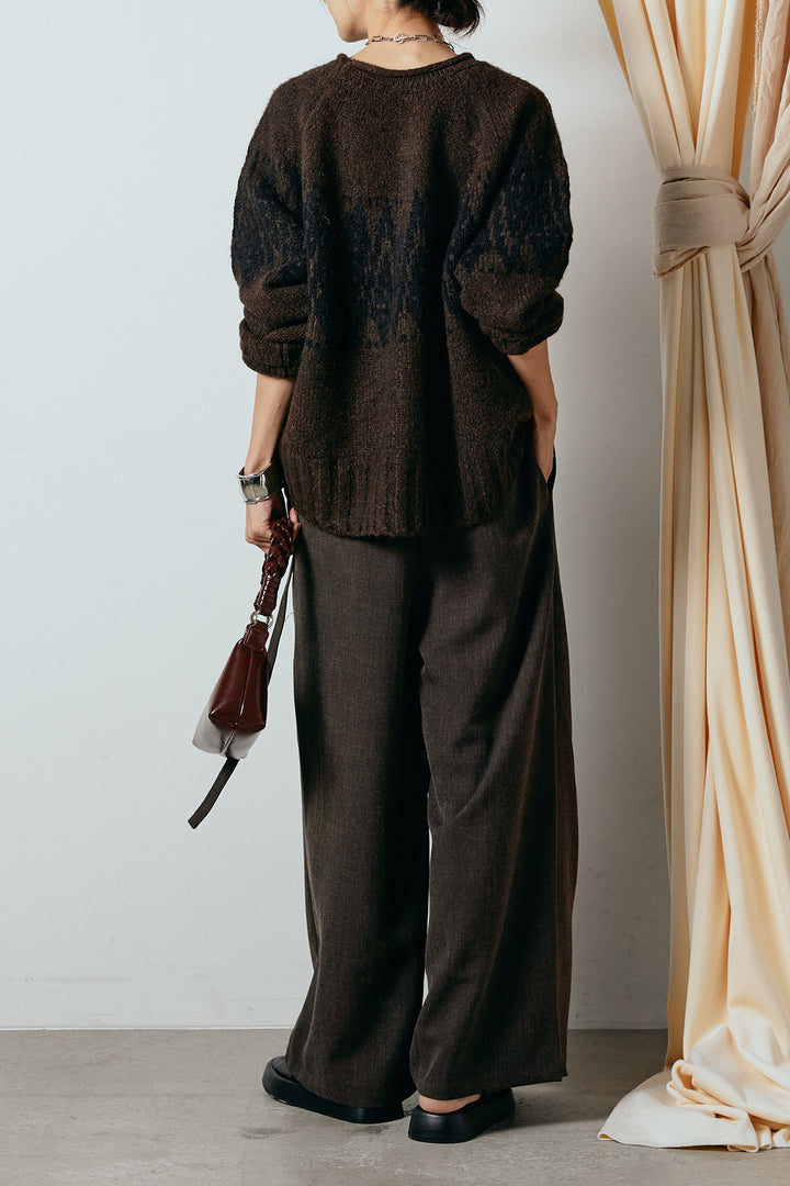 [SET]モノトーン柄ニットトップス+ラップ巻きワイドスラックス(2set)