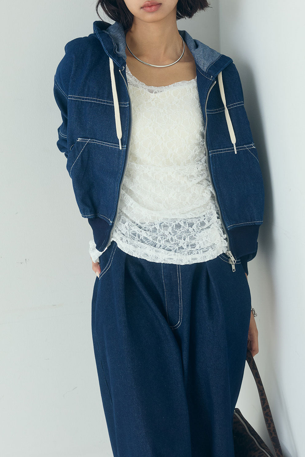 [SET]デニムダブルジップパーカーブルゾン+デニムタックカーブパンツ(2set)