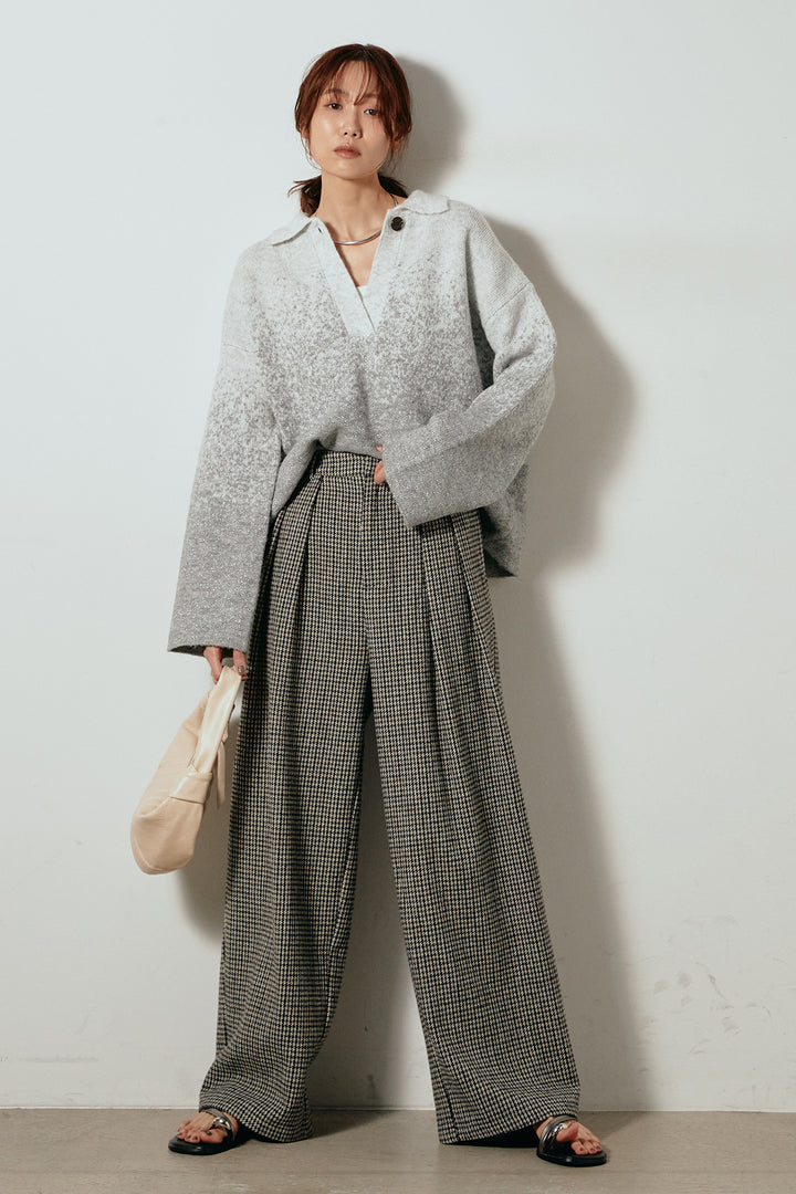 [SET]グラデーションラメニットキーネックプルオーバー+ガンクラブチェックタックパンツ(2set)