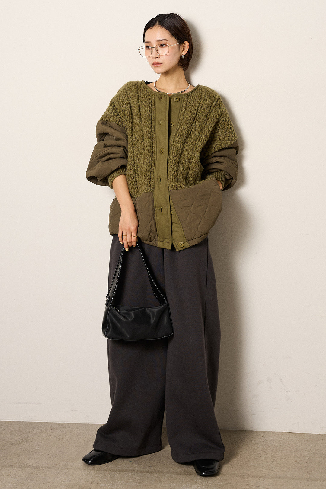 [SET]アラン編みニットノーカラー裾キルティングブルゾン+裏起毛スウェットワイドパンツ(2set)