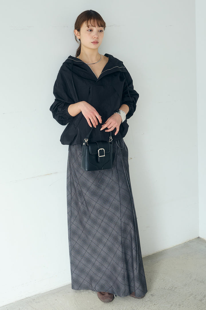 [SET]ナイロンフーディーブルゾンアウター+タータンチェック柄フロントデザインスカート(2set)