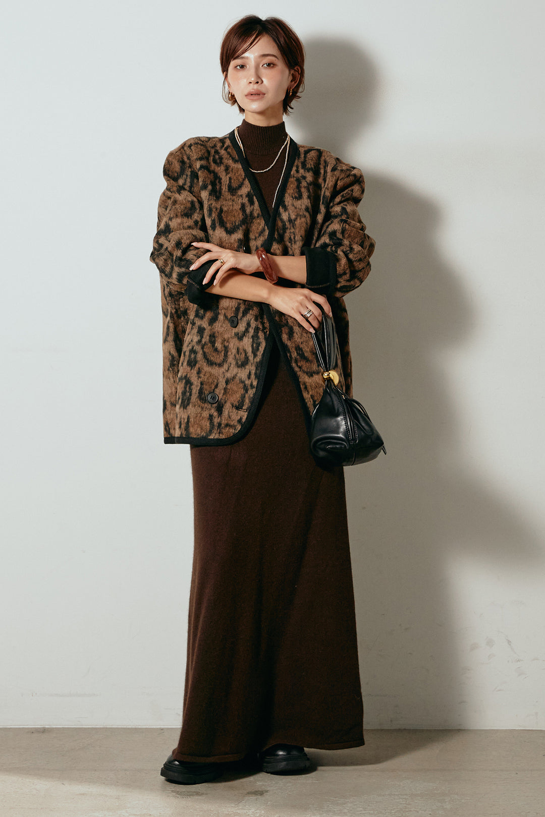 [SET]ノーカラーレオパード柄アウター+ノースリーブニットロングワンピース(2set)